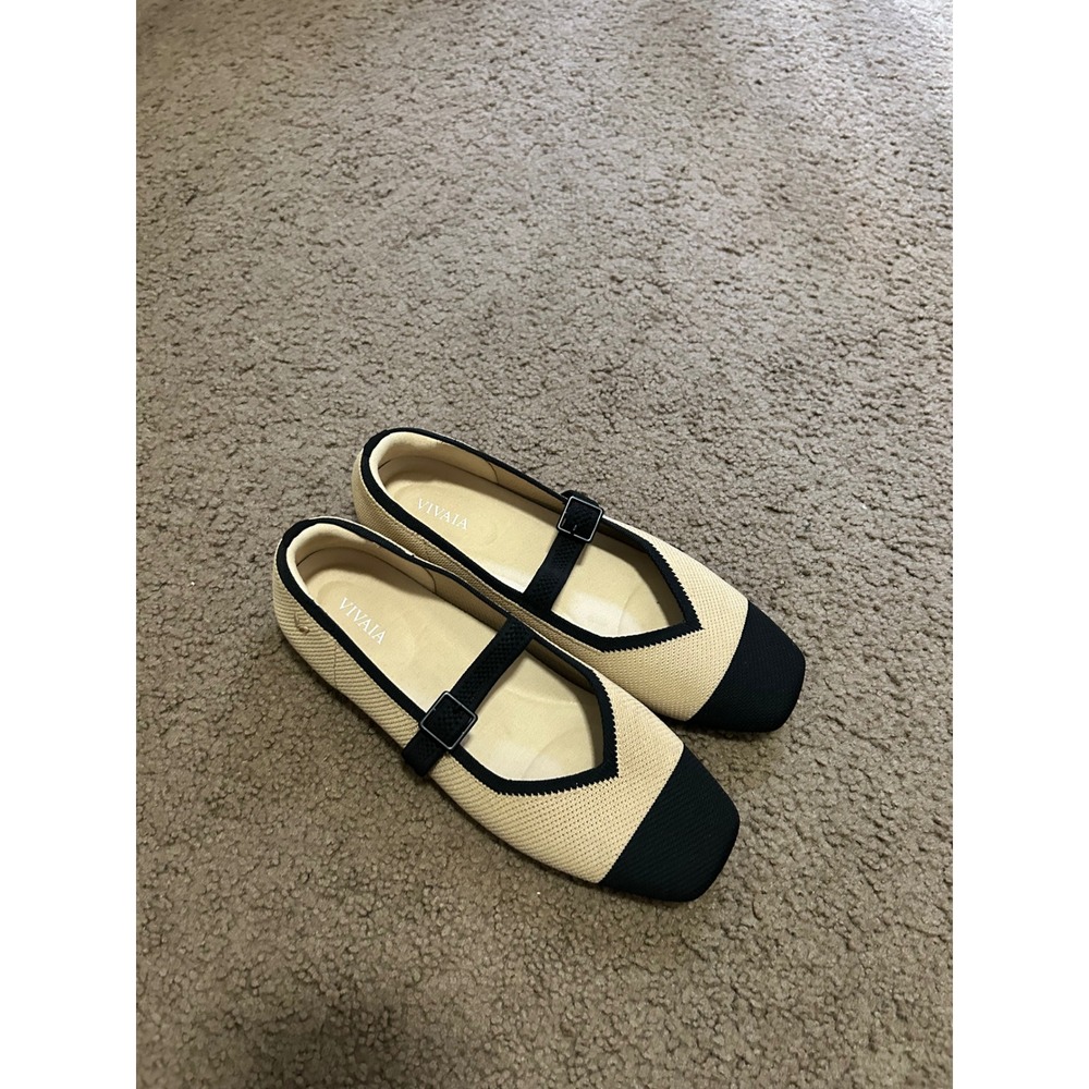 Vivaia Margot Mary Jane Cream Black Square Cap Toe Knit Flats EU 38.5 Womens